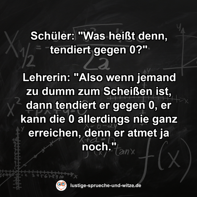 Sch&uuml;ler: "Was hei&szlig;t denn, tendiert gegen 0?" Lehrerin: "Also wenn jemand zu dumm zum Schei&szlig;en ist, dann tendiert er gegen 0, er kann die 0 allerdings nie ganz erreichen, denn er atmet ja noch."
