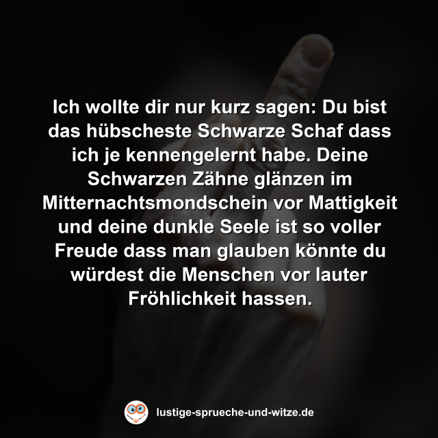 Ich wollte dir nur kurz sagen: Du bist das h&uuml;bscheste Schwarze Schaf dass ich je kennengelernt habe. Deine Schwarzen Z&auml;hne gl&auml;nzen im Mitternachtsmondschein vor Mattigkeit und deine dunkle Seele ist so voller Freude dass man glauben k&ouml;nnte du w&uuml;rdest die Menschen vor lauter Fr&ouml;hlichkeit hassen.